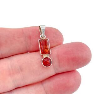 Vintage Sterling Silver 925 Amber Rectangle and Round Drop Pendant
